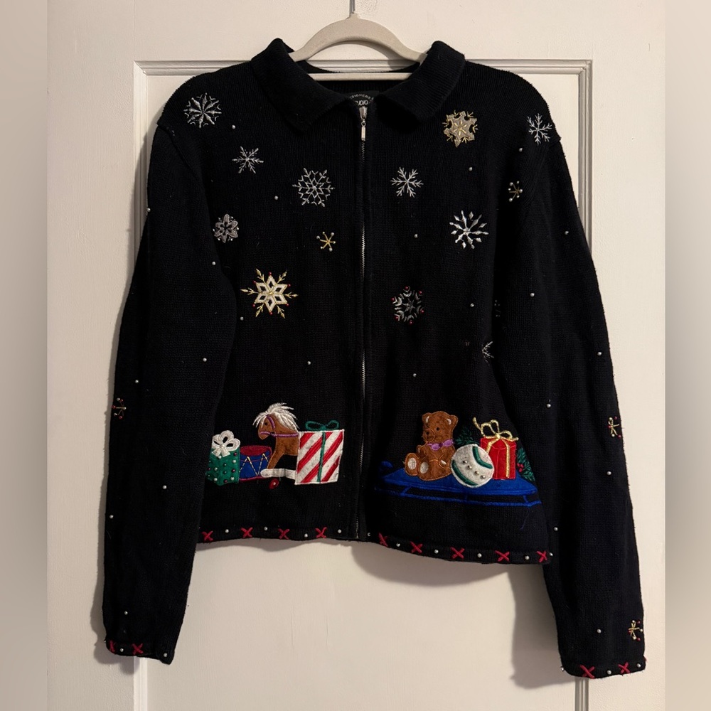Vintage Designers Originals Ugly Christmas Santa Full Zip Cardigan Size Large